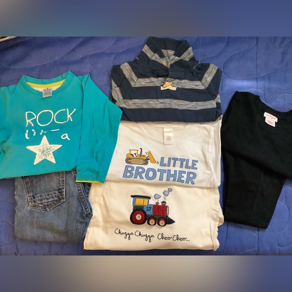 2T lot 4 long sleeve shirts, jeans, thermal top & bottom - train, brother…